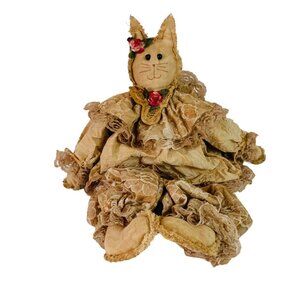 Victorian Tea Stained Cat Doll Shelf Sitter Lace Ruffles VTG Shabby Chic Handmad